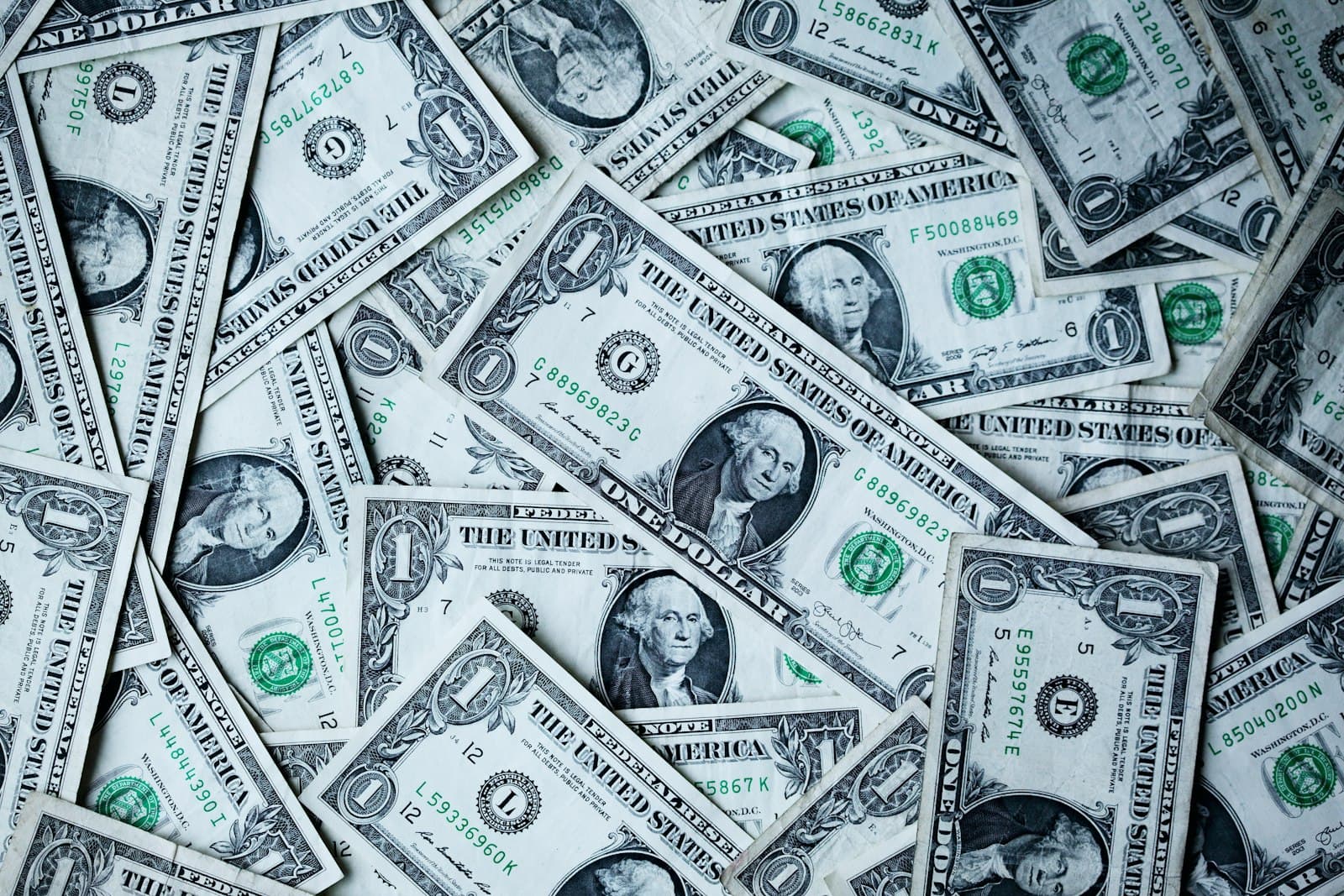 A spread of US one-dollar banknotes