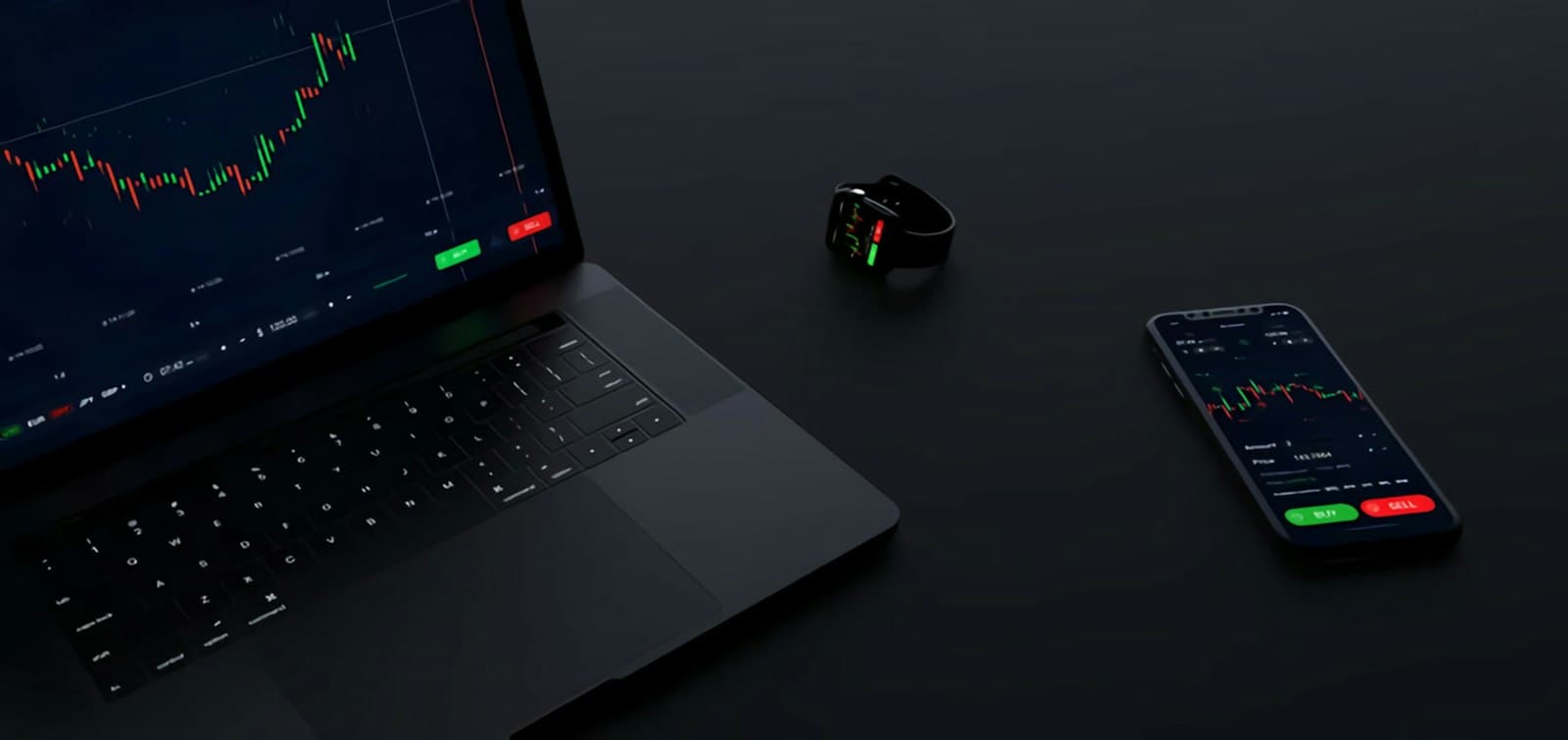 A laptop and a phone on a dark desk, both showing price charts